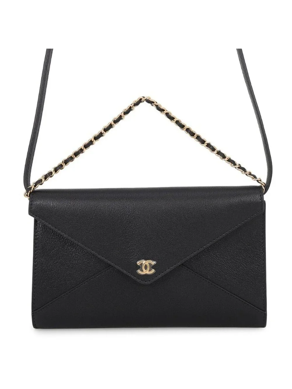 Chanel Chain Shoulder Bag Strap Clutch CC Logo Grained Goat Skin Black